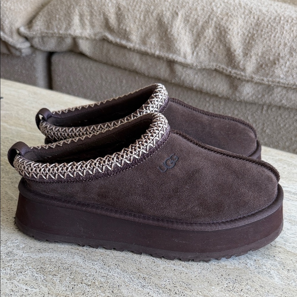 UGG Chocolate Suede Platform Tazz Clogs